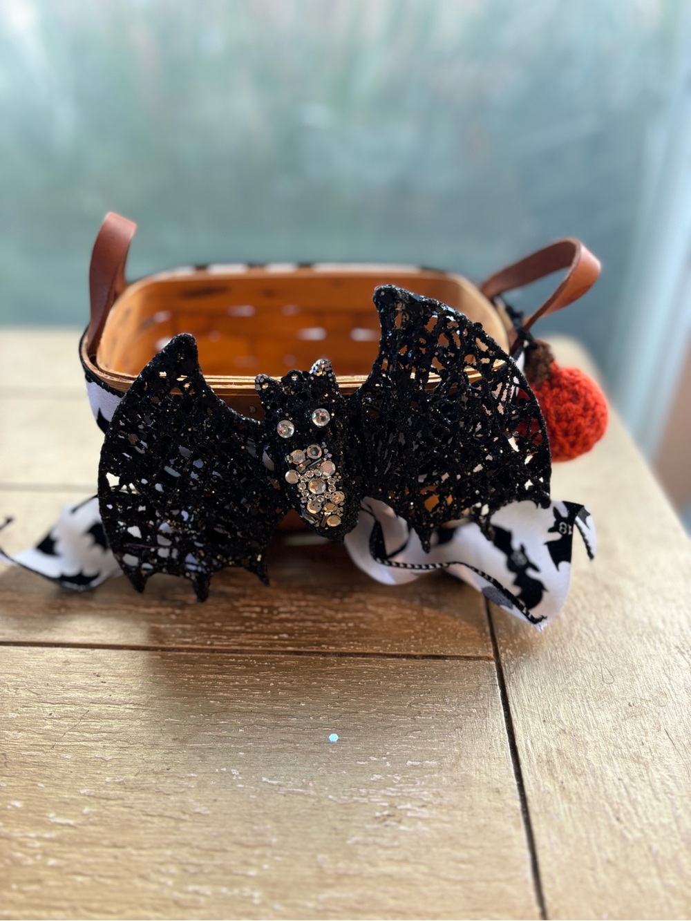 Longaberger Basket with Leather Handles & Bling Bat Embellishments, Halloween